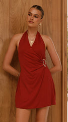 Brigitte Halter Mini Dress- Red