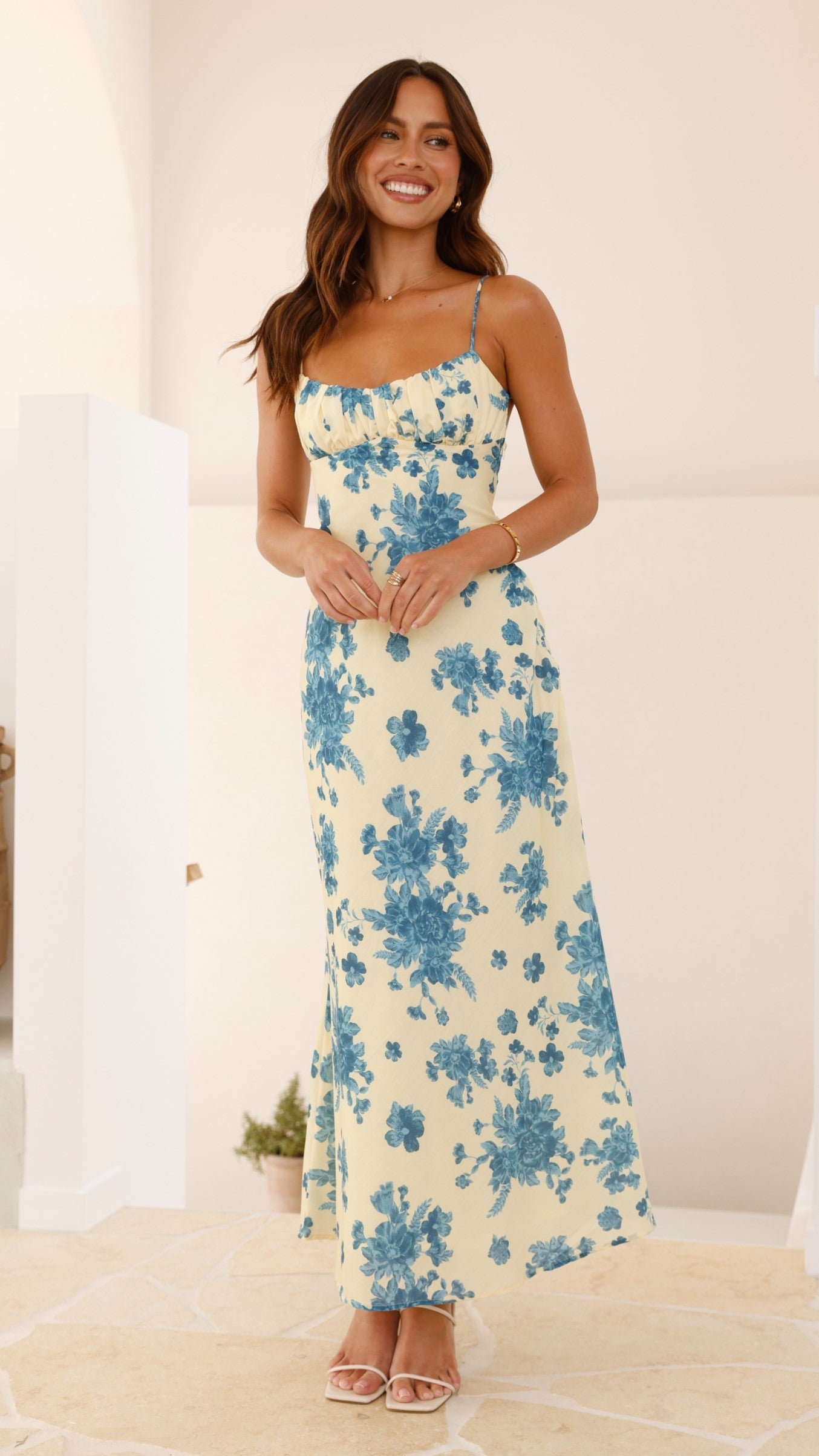 Margie Midi Dress - Yellow / Blue Floral