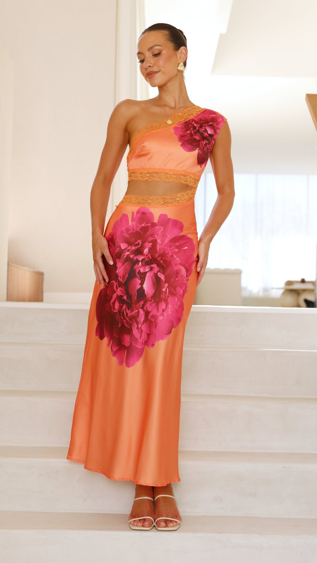 Emily One Shoulder Maxi Dress - Orange / Pink