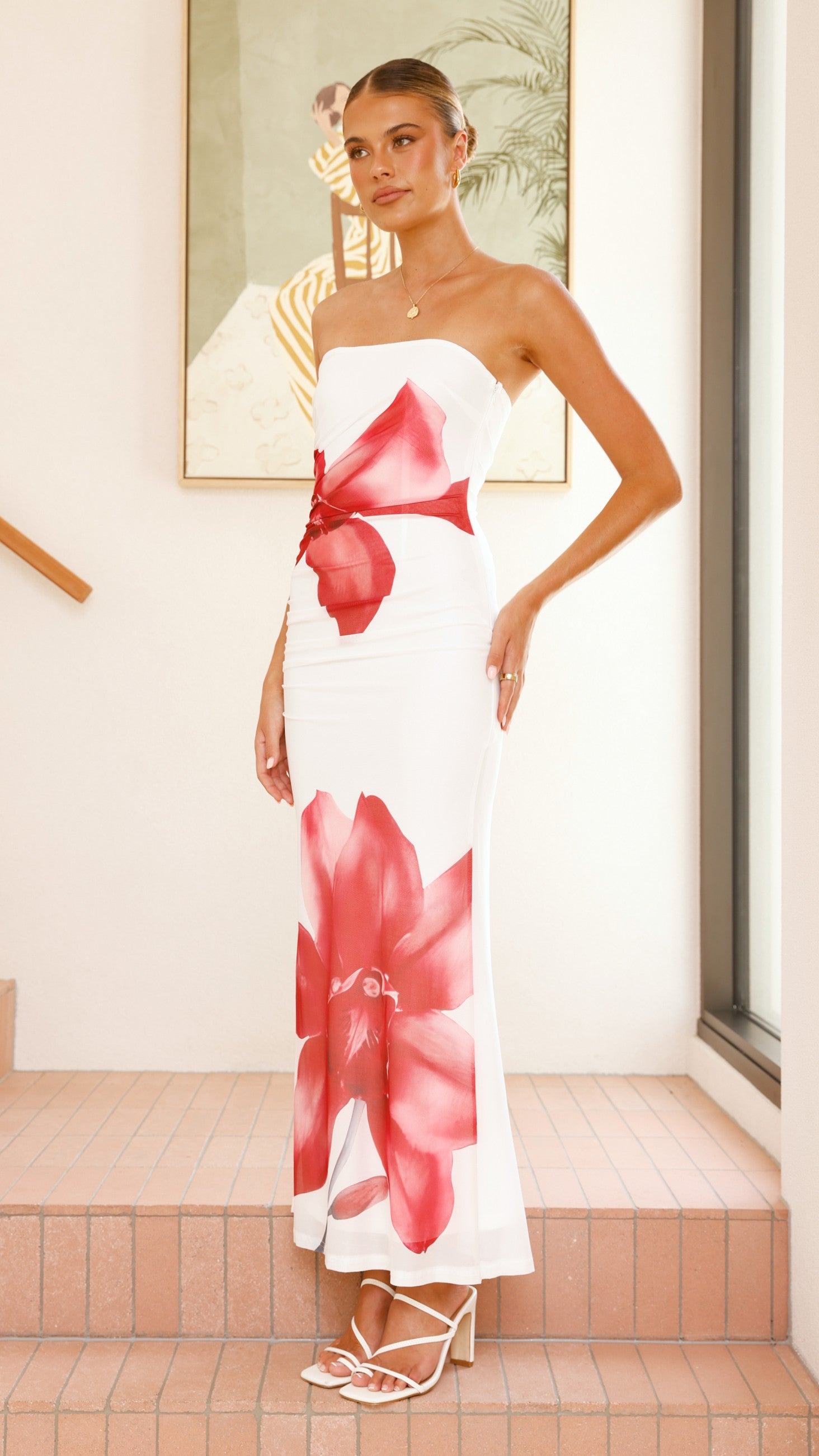 Brittani Strapless Maxi Dress - White/Red