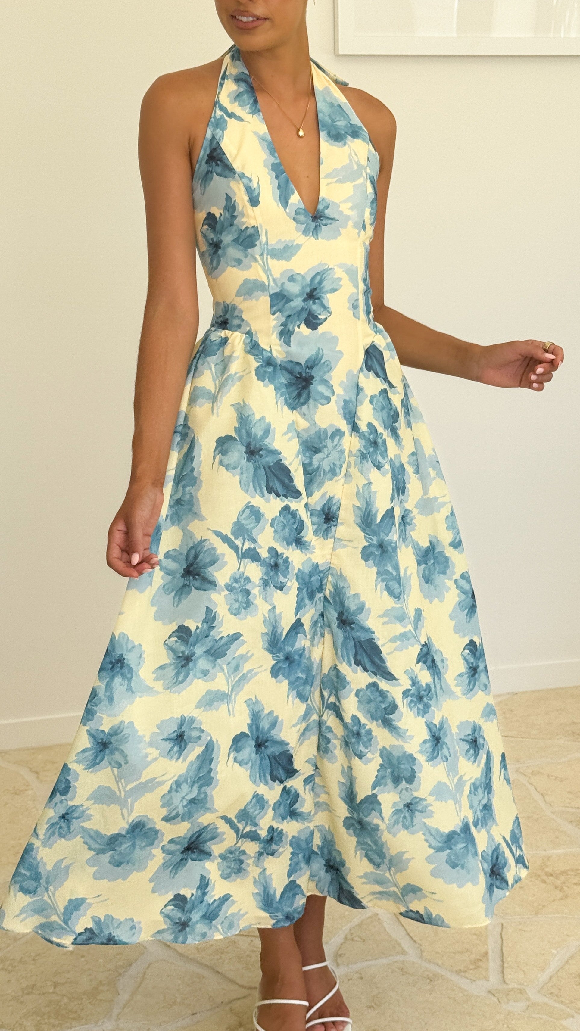 Bryony Halter Neck Maxi Dress - Yellow/Blue Floral