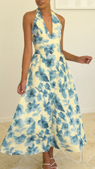 Bryony Halter Neck Maxi Dress - Yellow/Blue Floral